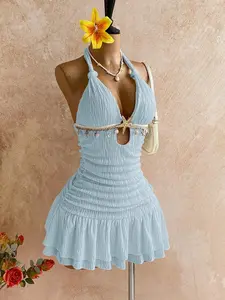 VRONA White Halter Twist Bodycon Mini Dress With Metal Accessories And Shell Decor