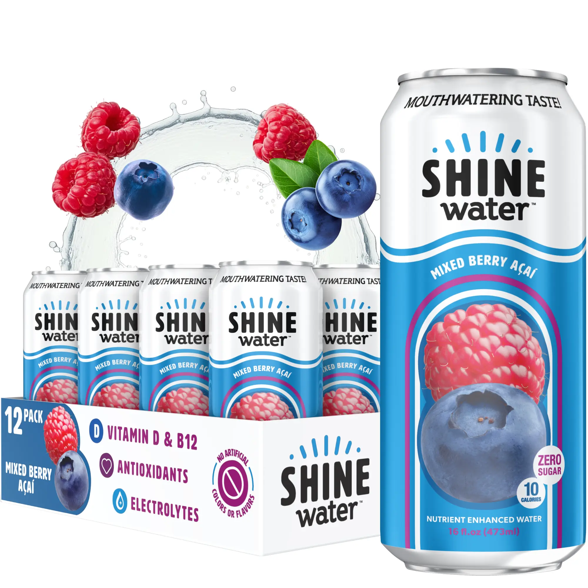 ShineWater Natural Vitamin Enhanced Energy Sport Beverage - Mixed Berry Acai Flavor, 12-Pack, 0 Sugar, Low Calorie, Plant-Based Electrolyte Drink, Gluten-Free, Kosher, Made in USA