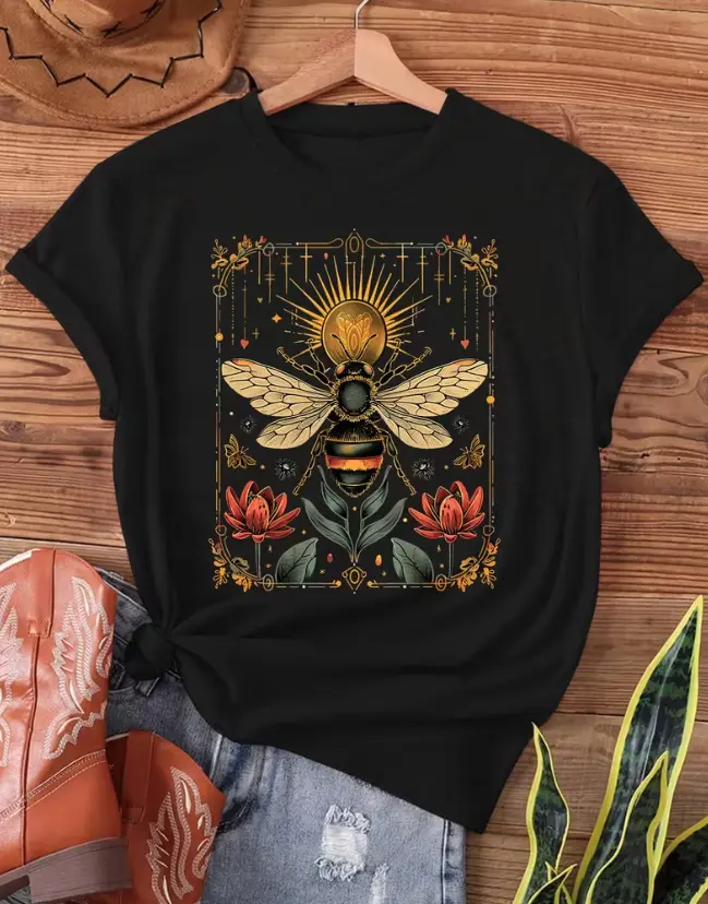 Beekeeper . Print T-shirt, Short Sleeve Crew Neck Casual Top for Summer & Spring, Women's Clothing