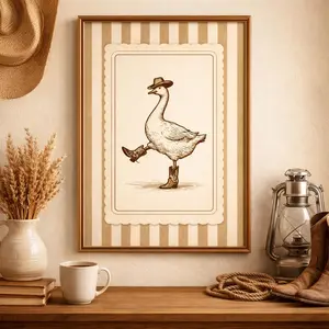 Funny Western Dancing Duck Poster, Silly Cowboy Goose Wall Art Print, Silly Goose Nursery Decor, Rustic Vintage Cowboy Artwork