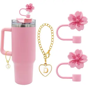 2 count Cherry Blossom Straw Cover Cap and Initial Letter for  Cup,10mm 0.4in  Straw Tips ,Straw Tip Covers  for Party Decor (2pcs Cherry Blossom+D)