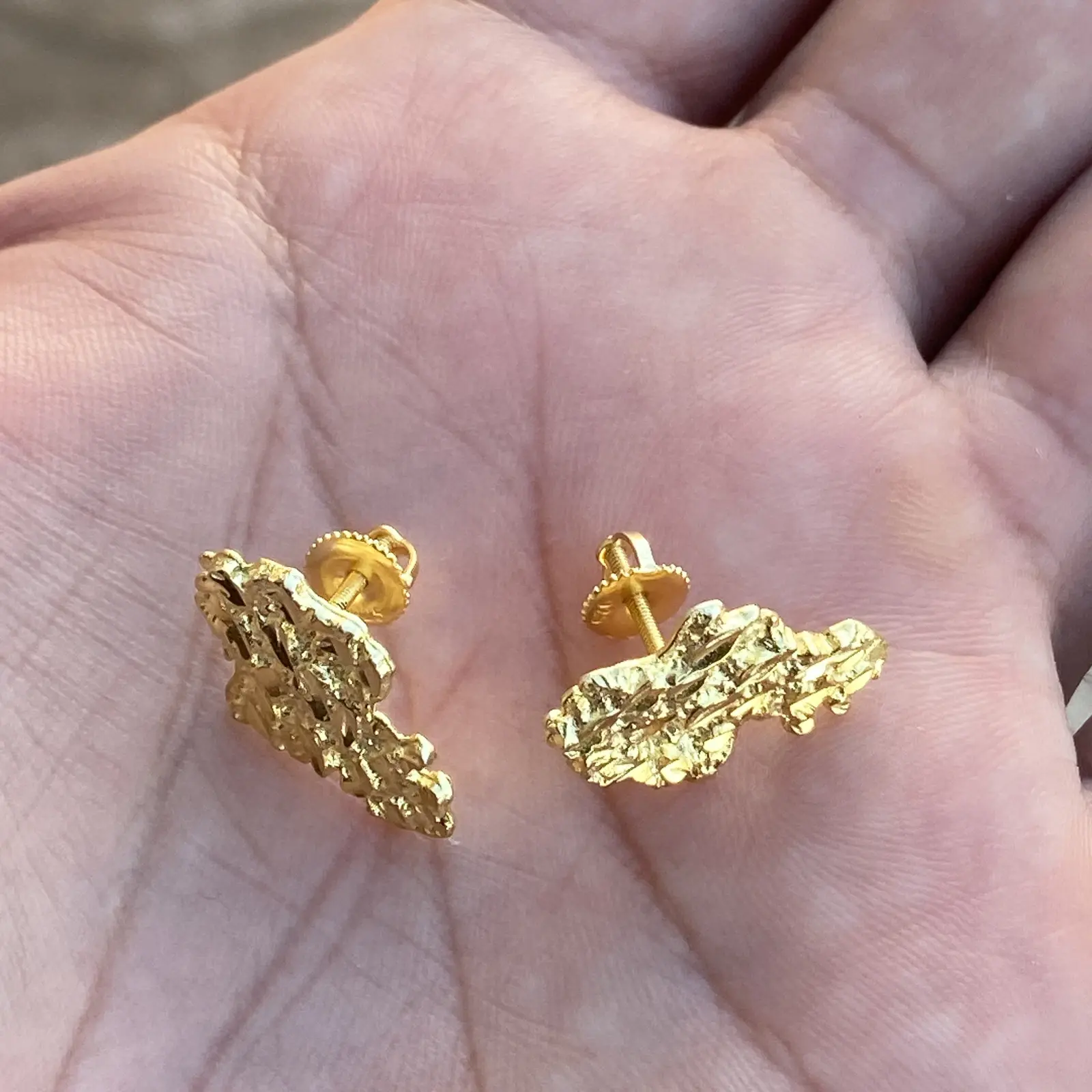 14K Gold Plated Nugget Cut Earrings Real 925 Sterling Silver Screw Back 20MM