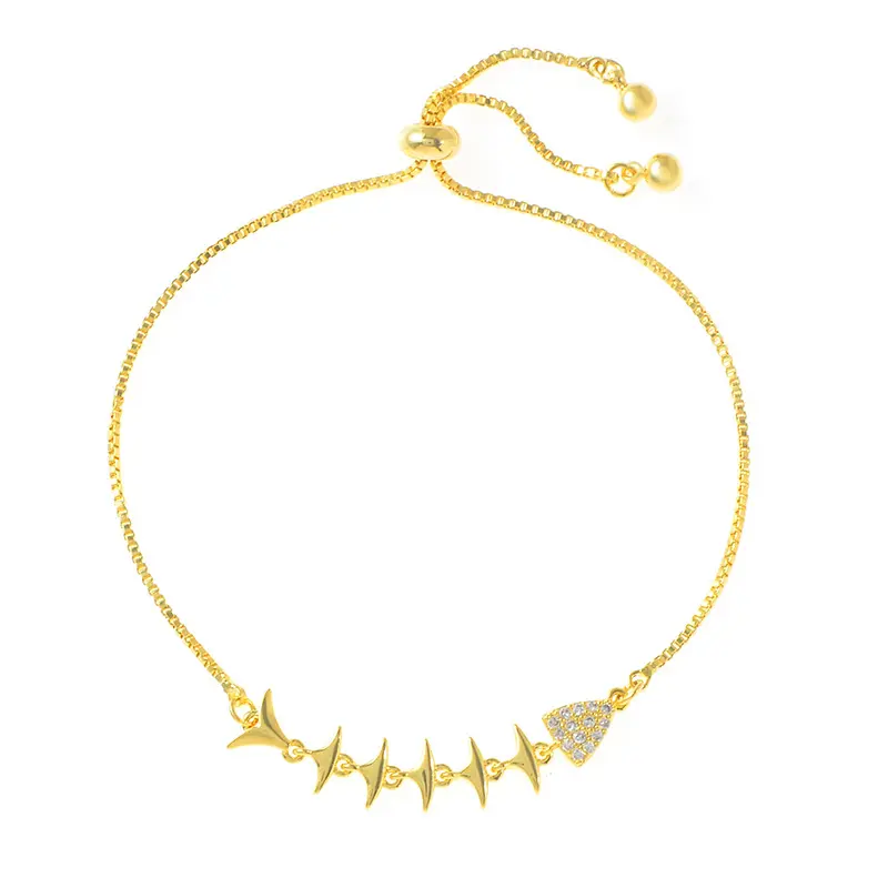 Dainty Fishbone Link Bracelet with Heart CZ Stones 14K Gold Plated Adjustable Slide Bracelet Fashion Stackable Wrist Jewelry for Birthday Gift