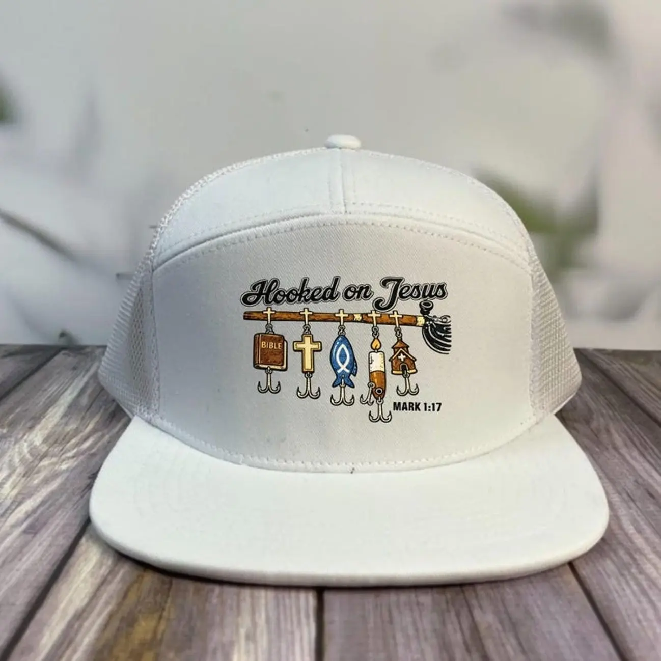 Christian Fishing Trucker Hat Hooked on Jesus Faith Angler Cap Religious Fishing Lover Gift Outdoor Fisherman Snapback Hat for Hunting and Partying Vintage Gift For Him and Adjustable Fit for Men and Women