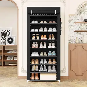 Shoe Rack Organizer Storage 9 Tier with Dust Curtain Adjustable Non-Woven Cover Metal Storage Shoe Shelf Black Household