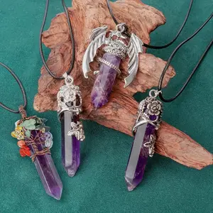 Natural Amethyst Heart Tree of Life Pendant Handmade Copper Wire Wrapped Gold Plated Necklace Jewelry