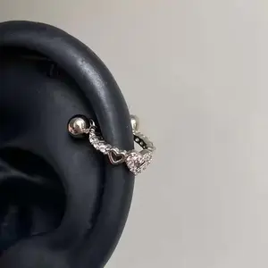 New Hollow Heart Ear Bone Nail for Women Girls Stainless Steel Silver Color Zircon Piercing Earrings Y2K Jewelry Accessories