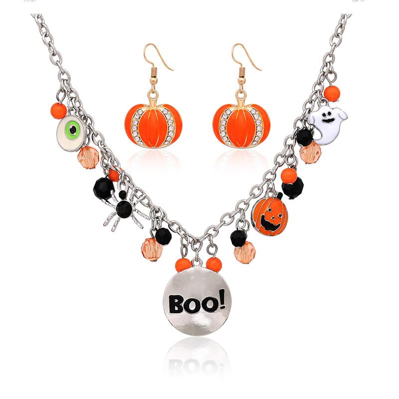 Halloween Ghost Jewelry Set Beaded BOO Pumpkin DIY Pendant Necklace Drop Earrings Gothic Lace Vampire Pendant Chain For Costume Party 16in+2in Extension