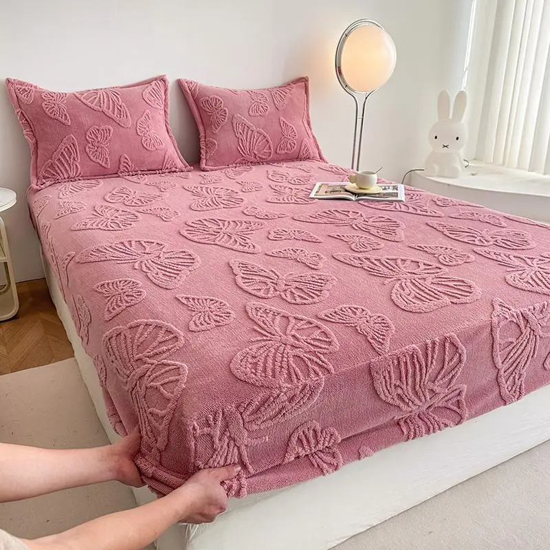 Butterfly Embossed Taffeta Fitted Sheet, 1 Count Soft Comfortable Fitted Sheet & 2 Counts Pillowcases without Filler, Bed Sheets Set, Bed Linens, Bedding Supplies for Home Bedroom Dormitory, Bed Sets Supplies