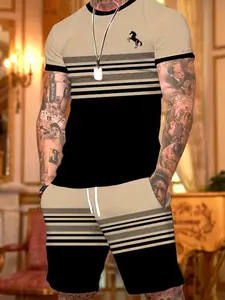 Men's Casual Loose Fit Striped Short Sleeve Tee Set, All-Over Printed Summer, Perfect for Parties & Daily Wear, Pack of Two