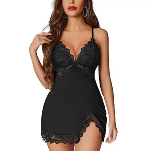 Avidlove Women's Lace Nightgown Chemise Spaghetti Strap Modal Sleepwear V-Neck Full Slip Side Slit Nightwear with Floral Lace Detail and Adjustable Straps