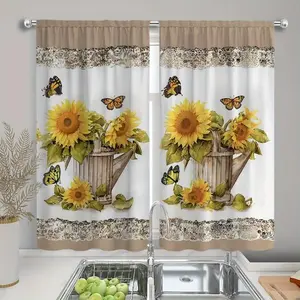 2-Piece Yellow Designer Print Curtains - 2D Flat Printing, High-End Sunflower & Butterfly Patterns, Country Style, All-Season Windowsill Decor, Suitable for Farmhouses, Kitchens, Flexible PVC Curtains