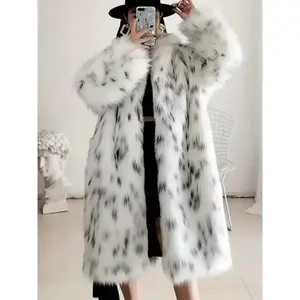 Leopard Print Open Front Faux Fur Coat, Elegant Warm Long Sleeve Knee Length Suitable for Autumn and Winter, Women’s Clothing