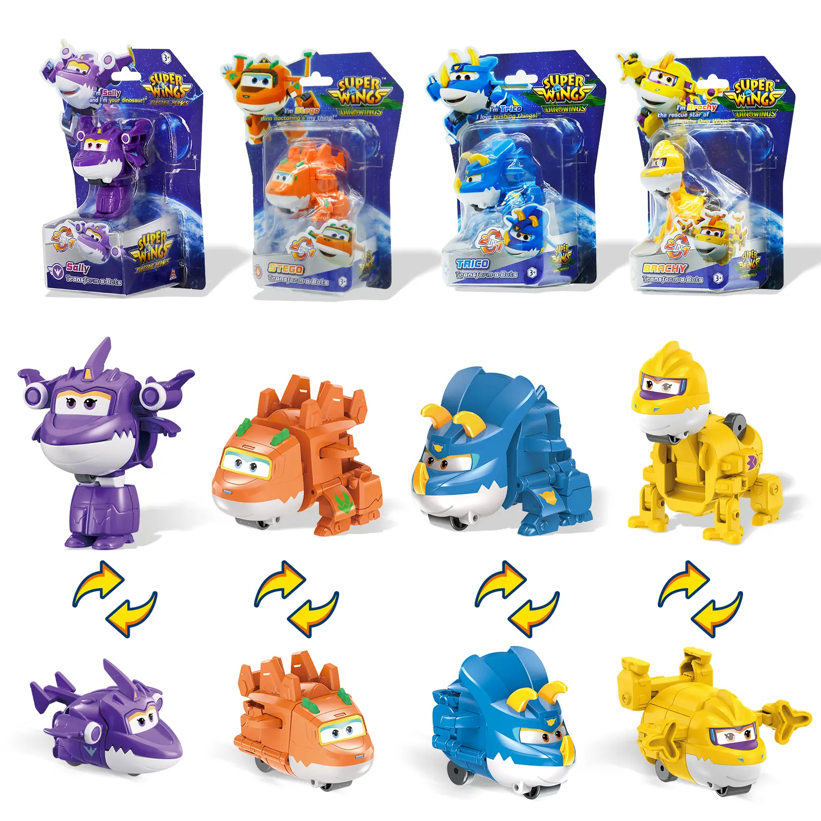 Super Wings 2" Transform-a-Bots 4-Pack, Supercharged Donnie, Dizzy, Jerome, Paulie, Airplane Toys Vehicle Mini Figures, Fun Toys for Kids, Transformable Toy for 3 4 5 Year Old Boys and Girls Friendship Playtime Fun