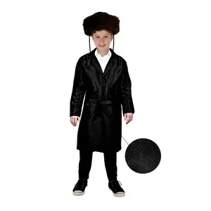 Black Rabbi Purim Bekitcha For Kids | Button-Down Long Sleeve Coat with Belt - Traditional Jewish Dress for Cosplay, Role Play, Fantasy Party & Casual Wear