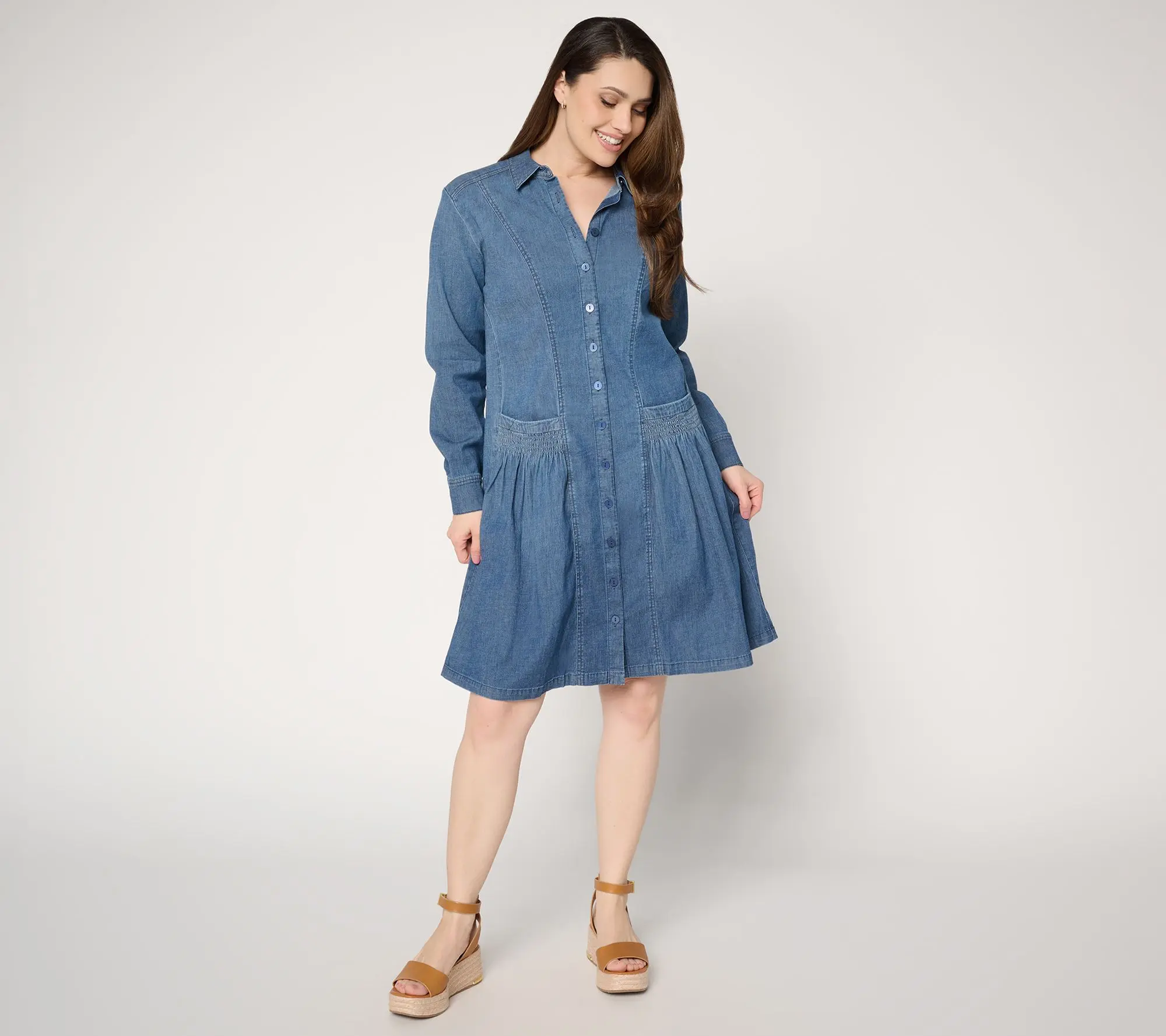 LOGO by Lori Goldstein Petite Chambray Button Front Dress