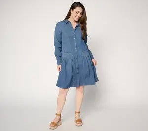LOGO by Lori Goldstein Petite Chambray Button Front Dress