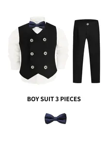 Boys 3 Piece Black & Blue Spring Suit, Waistcoat, Vest, Trousers, Bow Tie, Lightweight, Perfect for Outdoor Spring Weddings & Lawn Ceremonies, No Shirt Included--XT8825