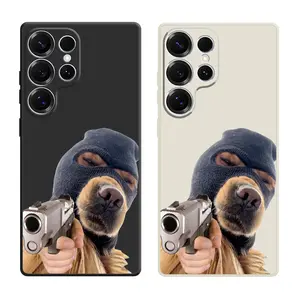 Cute Dog Wearing A Black Balaclava and Holding A Handgun Pattern Phone Cases For Samsung Galaxy S26 Ultra S25 Edge S24 Plus S23 FE S22 S21 Shockproof TPU Soft Liquid Silicone Cellphone Casing Cover With Lanyard Button