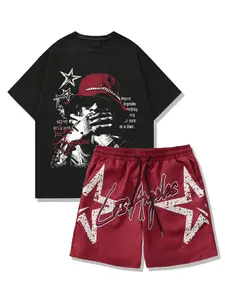 Men's Casual Two-Piece Set, Short Sleeve Letter Print Tee & Shorts, Comfortable Fitted Street Style for Daily Wear Menswear Top Outfit