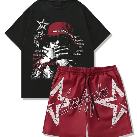 Men's Casual Two-Piece Set, Casual Clothing Set, Short Sleeve Graphic Letter Print Tee & Shorts, Comfortable Fitted Street Vibe Style for Daily Wear Menswear Top Outfit Streetwear Clothes Matching Sets