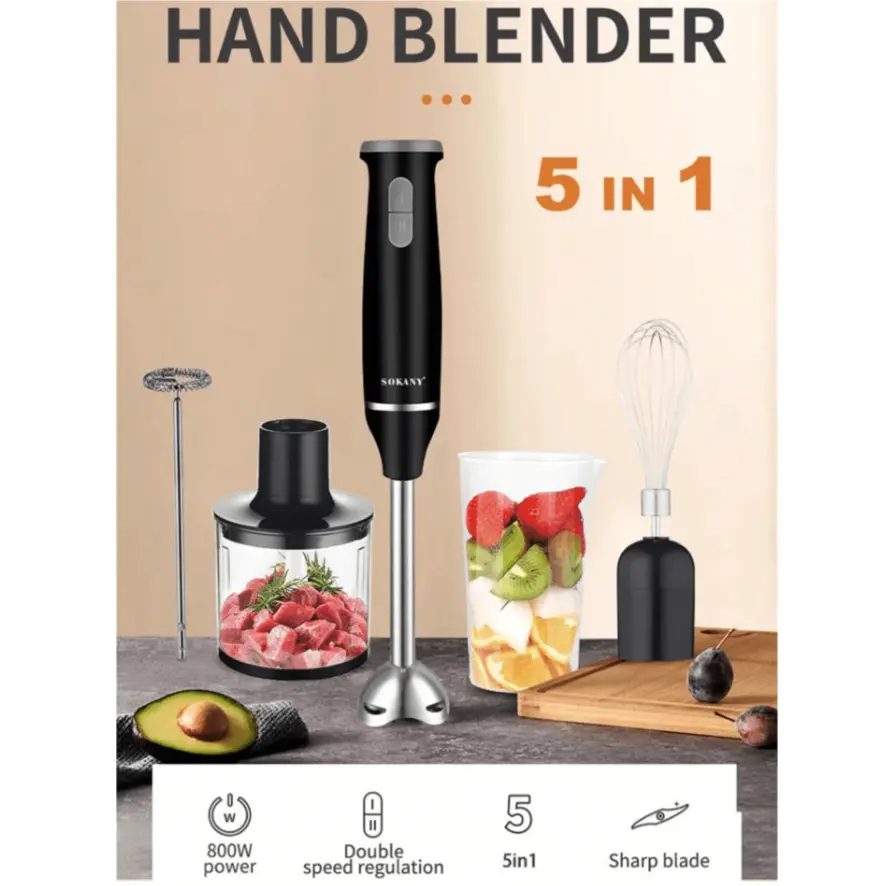 1000W Multi-Functional Stainless Steel Hand Blender Set - 5-In-1 with Stick Head, Whisk, Milk Frother, Masher, Blending Cup, Chopping Bowl - Ideal Kitchen Gift for Parents, Home Cooks - Suitable for Baby Food, Coffee
