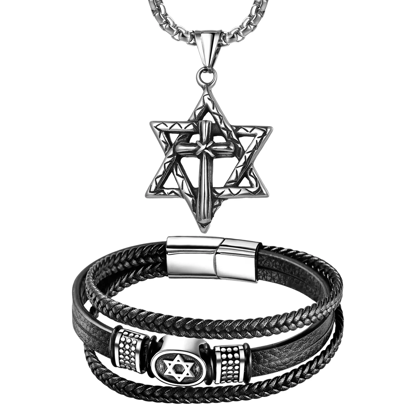OIDEA Men's Casual Jewish Fashion Jewelry Set - 21.65in Stainless Steel Star Geometric Necklace, Multi-Layered Braided Leather Cuff Bracelet, Israeli Costume Accessory for Passover, Hanukkah, Casual Wear summerwins,summerwins