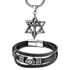 OIDEA Star of David Jewelry Set: Stainless Steel Cross Necklace & Multi-Layer Braided Leather Cuff Bracelet for Men - Jewish Israeli Jewelries