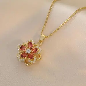 Virelyn B Rotatable Flower Design Charm Necklaces for Women, Summer Rhinestone Decor, Rhinestone Accents, Accessory for Party, Daily & Holiday Wear, 90s Minimalism Exquisite Jewelry Gift