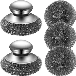 Steel   with 2 Handles & 3 Replacement Wire Sponge(Scouring Pads) - Stainless Metal Cleaner Heavy Duty Brush for Pots, Pans, Cast Iron, Grill, Sink, Dishes, Stove, Kitchen Deep Clean