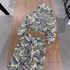 26SS Viral Bling Rhinestone Military Green Camouflage Denim Zip Up Hoodie Jacket Set, Loose Baggy Oversized Y2K Hip Hop Street Matching Outfit Couple Two Piece Tracksuit