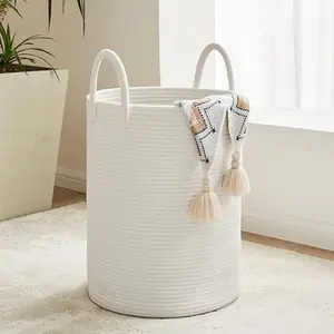 Cotton Rope Laundry Hamper - 43L Large Woven Collapsible Laundry Basket - Clothes Storage Basket for Blankets, Laundry Room Organizing, Bedroom Storage, Clothes Hamper - White