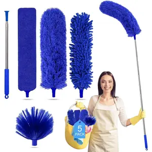 5-in-1 Microfiber Duster Set, 100 Inch Extendable Pole, Washable Reusable Dust Remover, Lightweight Cleaning Tool for Ceiling Fan, Blinds, Cobweb and Car
