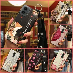 Fashion Design Phone Holder Phone Case For MOTO G 5G 2024 Dirt-resistant Silicone Lanyard Waterproof Shockproof Back Cover Anti-dust Flower Wrist Strap Anti-knock Kickstand ring