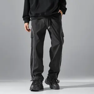 Men's Black Cargo Track Pants, Quick Dry Water Resistant Fabric with Side Stripe, Relaxed Straight Leg Streetwear Trousers for Outdoor tech training short