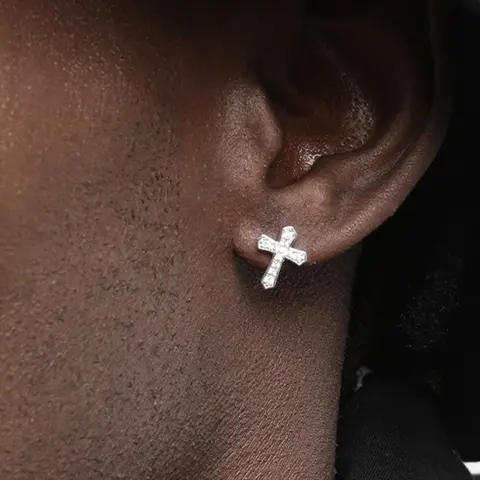 Men's Rhinestone Decor Cross Design Stud Embellished Earrings, Fashionable Earrings, Flat Pierced Jewelry, Fashion Jewelry for Party, Daily Clothing Decor, Jewelry for Birthday Gift