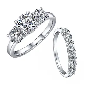 10/10 Moissanite Lab-Created 2Colors Set Ring 2CT VVS Clarity 18K Gold Plated Stackable 3 Stones Hypoallergenic Band for Women Wedding Engagement Birthday Gift Anniversary Prom Party Holiday Date Casual Bling Iced Jewelry