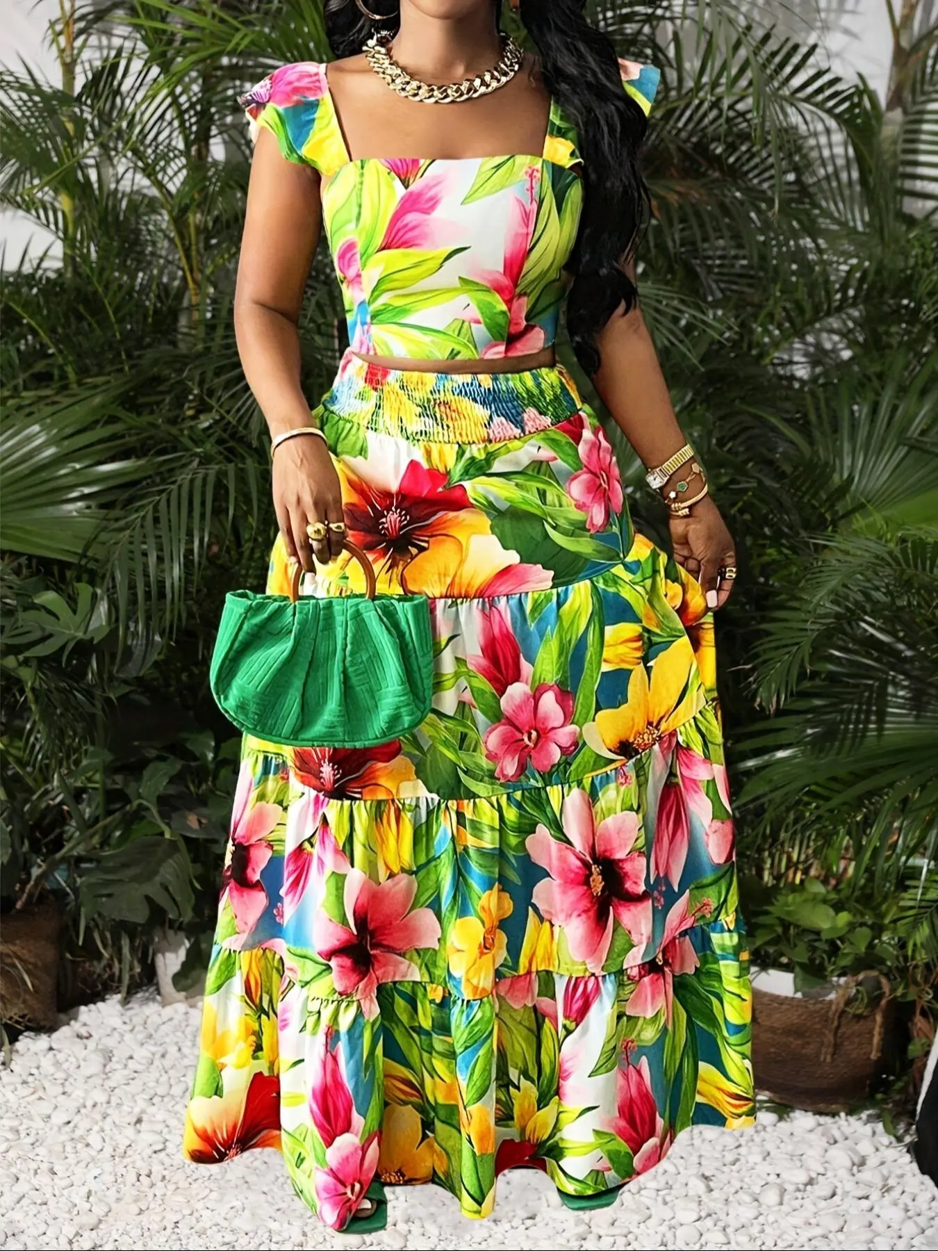 Stylish Summer Boho Women's Matching Set, Floral Print Fabric Tank Top and High Waist Midi Skirt, Trendy Vacation Dress Outfit for Fashion Lovers