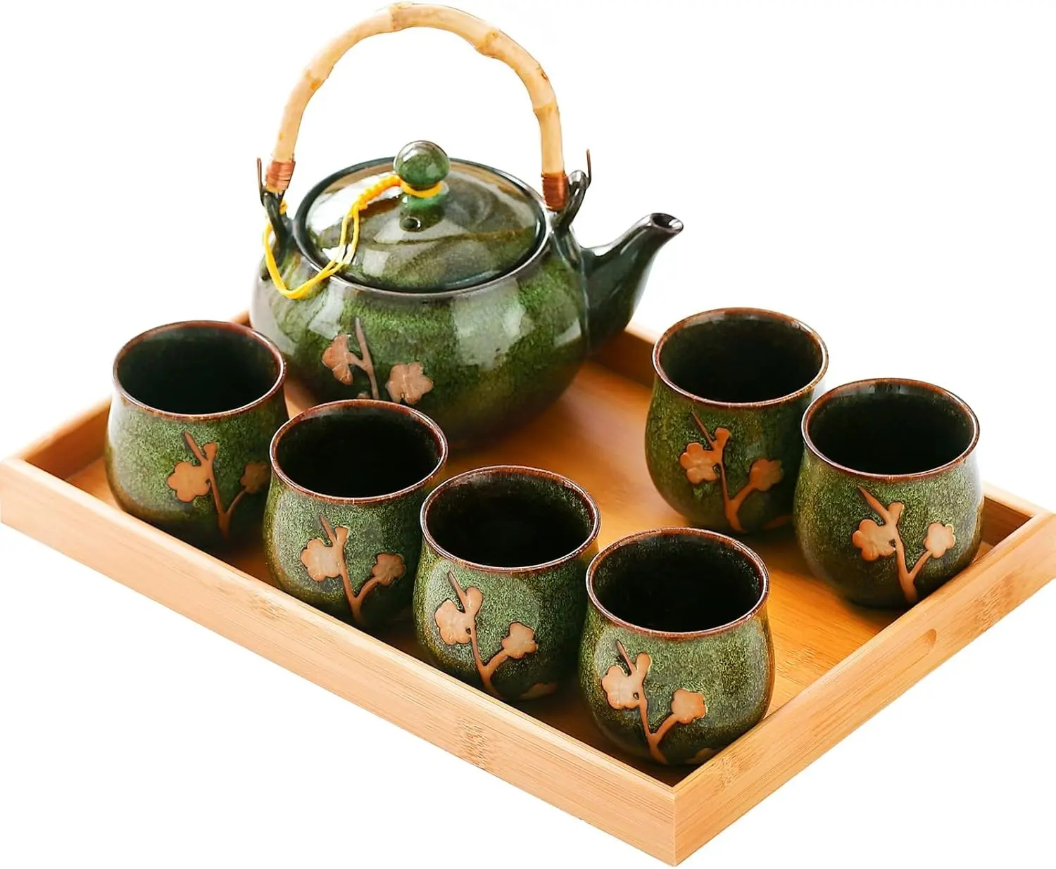 Traditional Japanese tea set, Kiln altered glaze Porcelain tea set with 1 Teapot, 6 Tea cups, 1 Tea Tray,Japanese teapot set, Asian tea sets (Kiln altered-Green)
