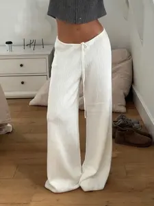 Women's Knit Wide Leg Pants, Fall & Winter Casual Fitted Design, Low Waist Drawstring Belted, Perfect for Outdoor Leisure