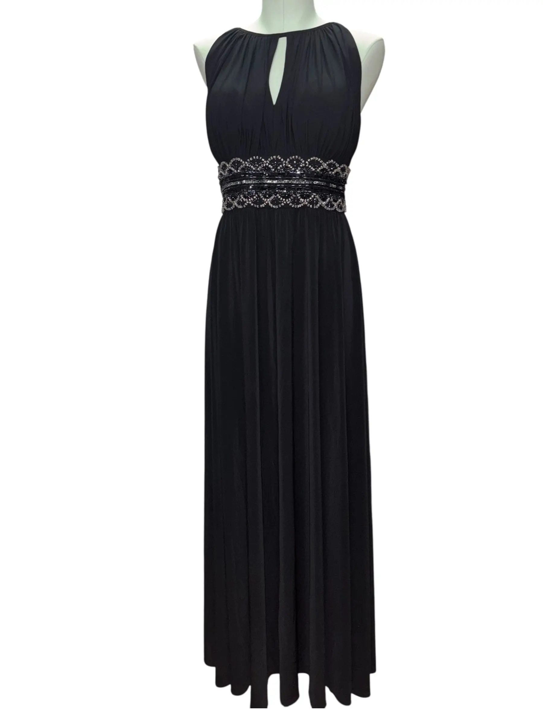 ladies black skater dress Julianne Beaded Gown with Rosette Detail – Elizabeth Anthony main image 1