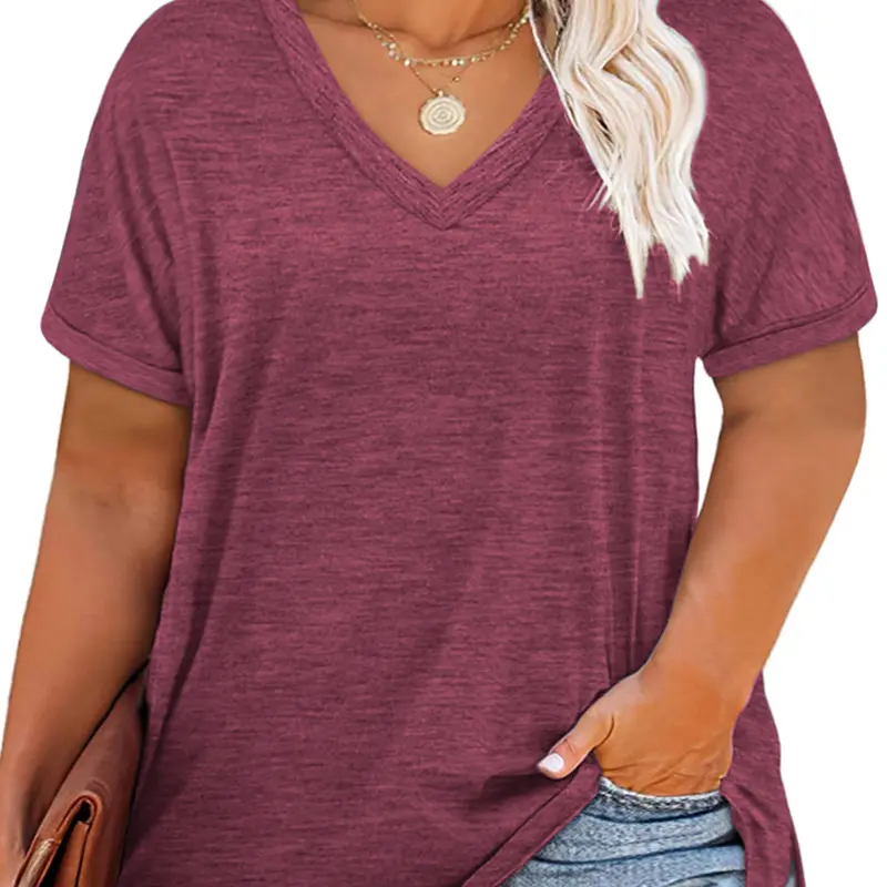 Women's VOGARCE Plus Size Solid Basic Knit Heather V-Neck Tunic T-Shirt - Roll-Cuff Short Sleeves, Side Slits, Loose Fit, Lightweight Yarn Fabric, Casual Hip Bottoms, Day Wear, XL-5XL KPS5011