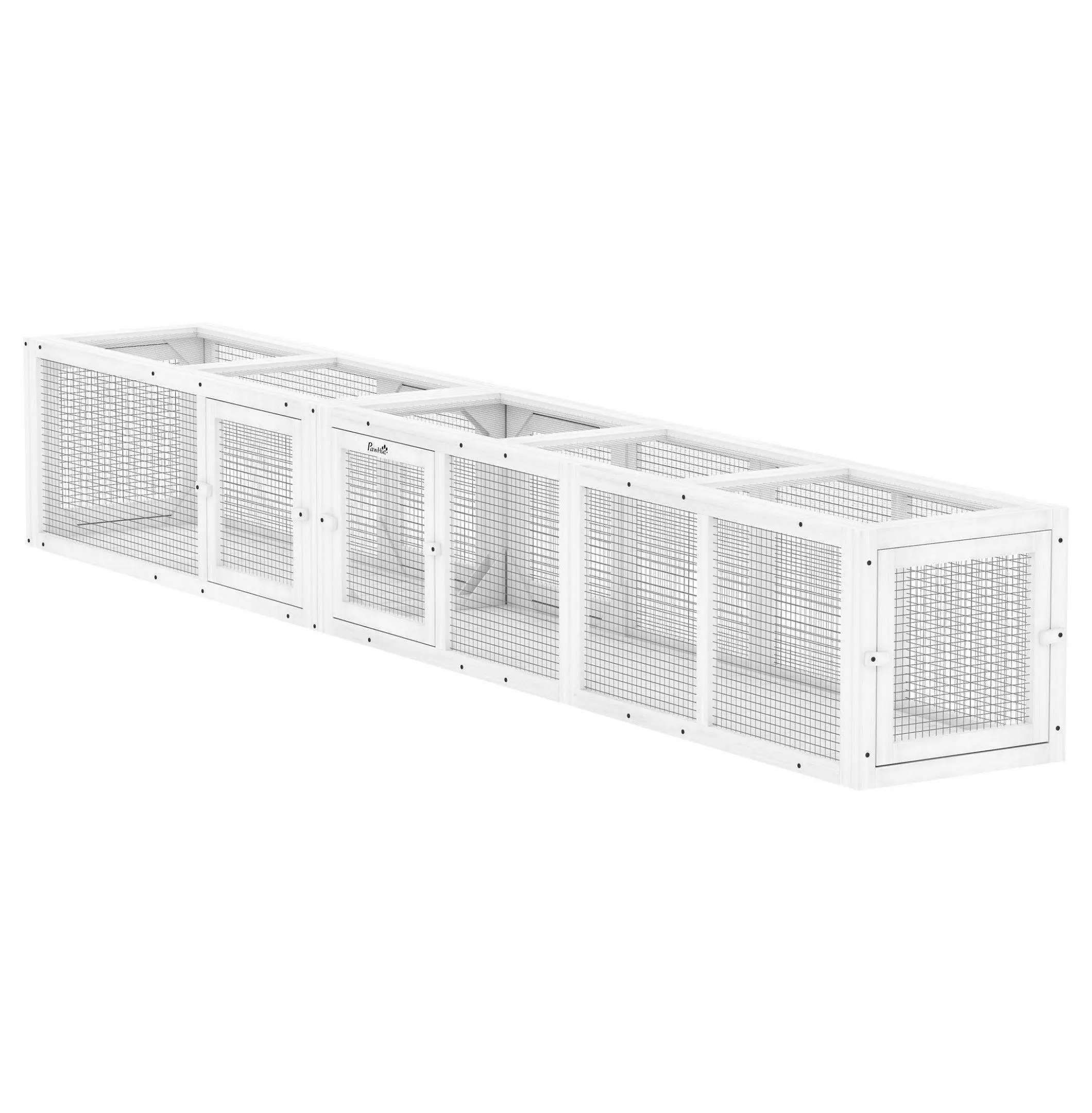 98.4" L x 15" W x 15" H Wooden Catio Window Box with Mesh, Expandable 8-Door Outdoor Play Cat Tunnel, Easy & Convenient Access, White, Easy Access