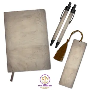 Grain & Grace Wood Grain PU Leather Journal Essentials Bundle – Personalized Name + Initial Monogram Journal with Pens & Bookmark  Kat’s Journal Nest