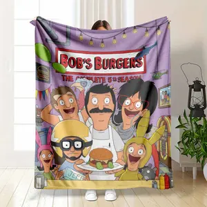 Funny Family Diner Cartoon Flannel Blanket Colorful Burger and Restaurant Print Soft Cozy Warm Lightweight Throw Perfect for Sofa Bedroom Office Gift Home Decor Lounge Use