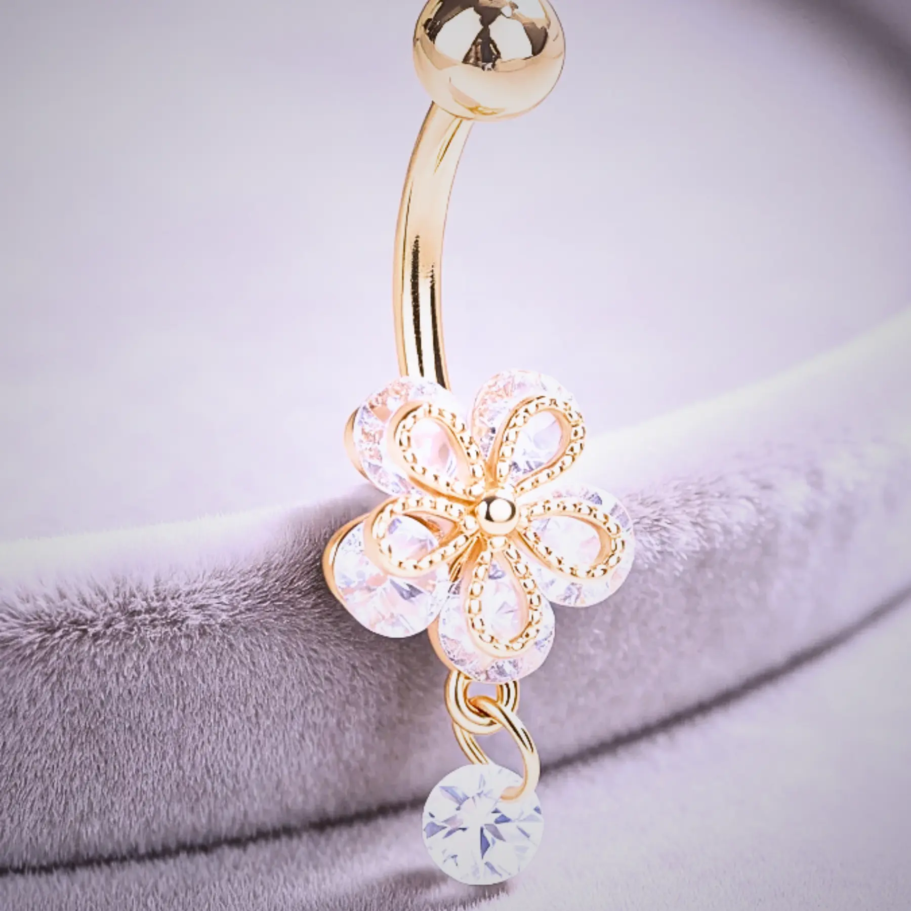 Women's Flower CZ Belly Button Ring, Elegant Copper Navel Piercing Jewelry For Daily Wear