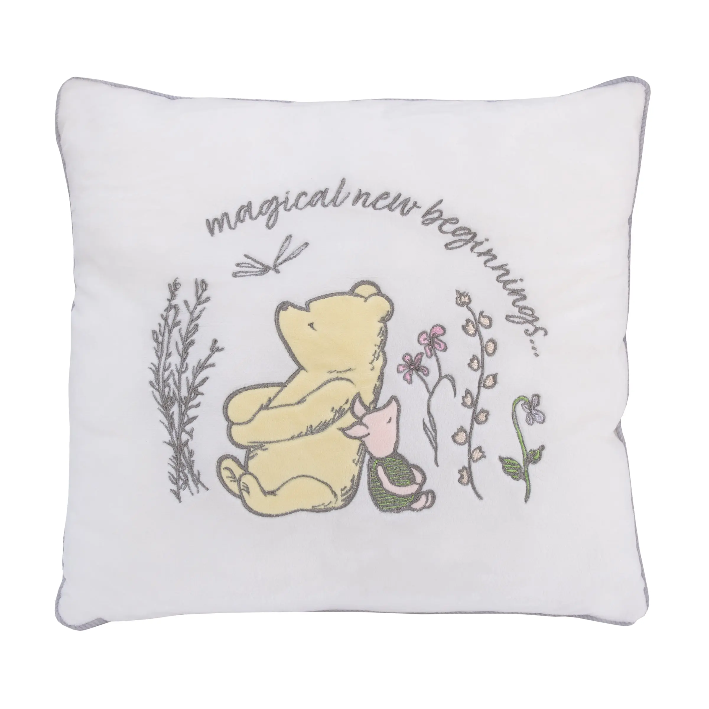 Disney Classic Pooh Naturally Friends Ivory and Taupe Magical New Beginnings Appliqued Decorative Pillow