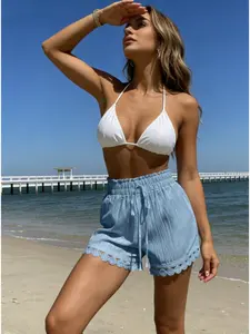 Women's Summer White Lace-Trimmed Shorts, Adjustable, Elastic Waist Drawstring Loose Beach Vacation-Style Casual Textured Fabric Perfect for Photos and Travel