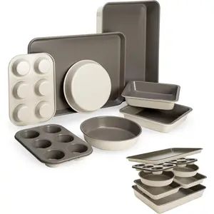 -In- Nonstick Bakeware Set, Stackable and Space Saving Design includes Round and Square Pans, Muffin Pans, Cookie Sheet and Roaster, Dishwasher Safe, 8-, Linen