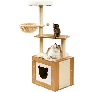 Cat Tree with Litter Box Enclosure, 2-in-1 Modern Cat Tower for Indoor Cats, 48.6" Wood Kitten Condo with Scratching Post and Hammock, Removable Scratch Pad for Large Cats
